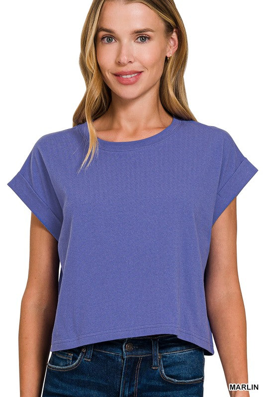 Cotton Folded Sleeve Top Zenana in Multiple Colors