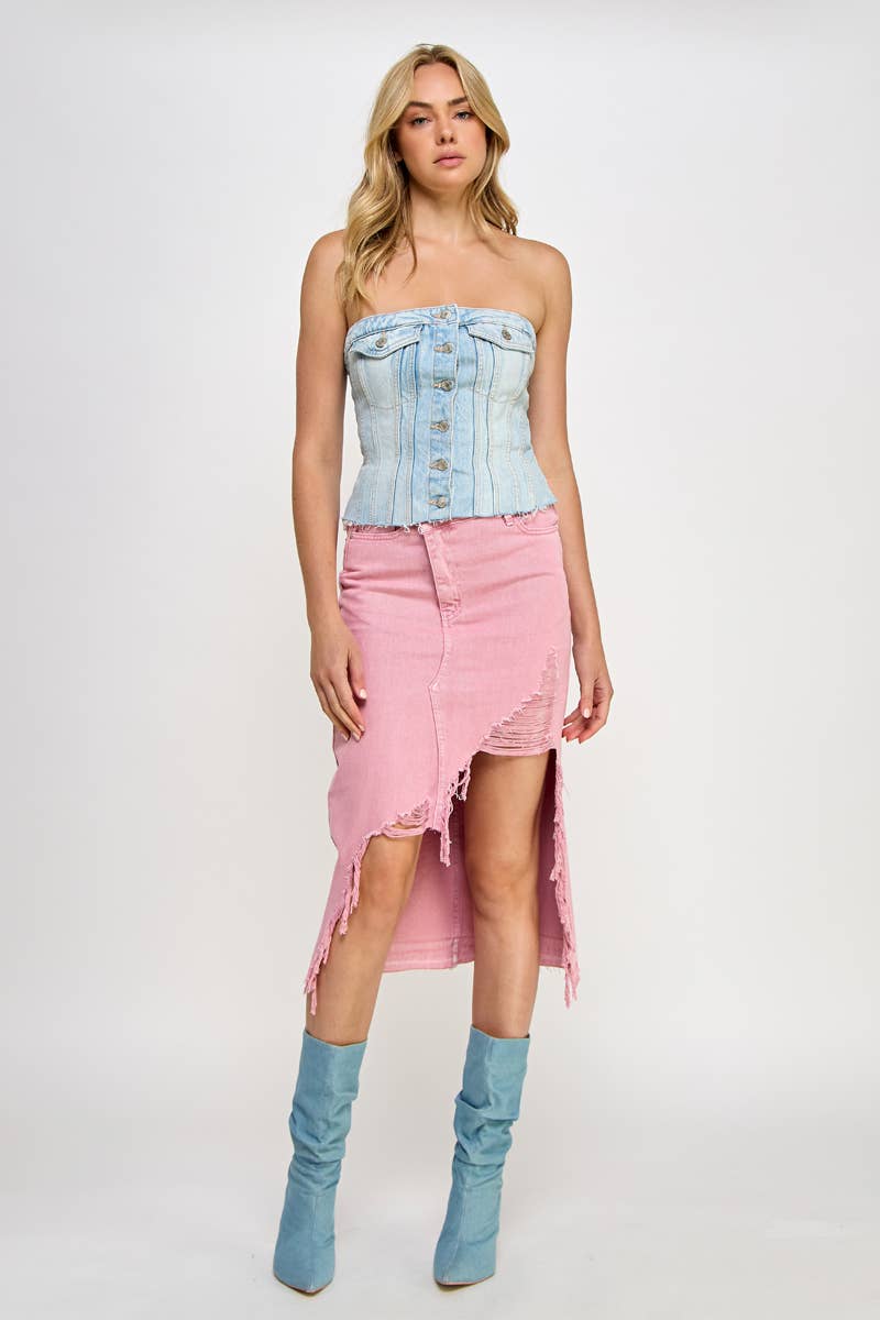 Blush Crossover Denim Stretch Distressed Skir-t by Insane Gene