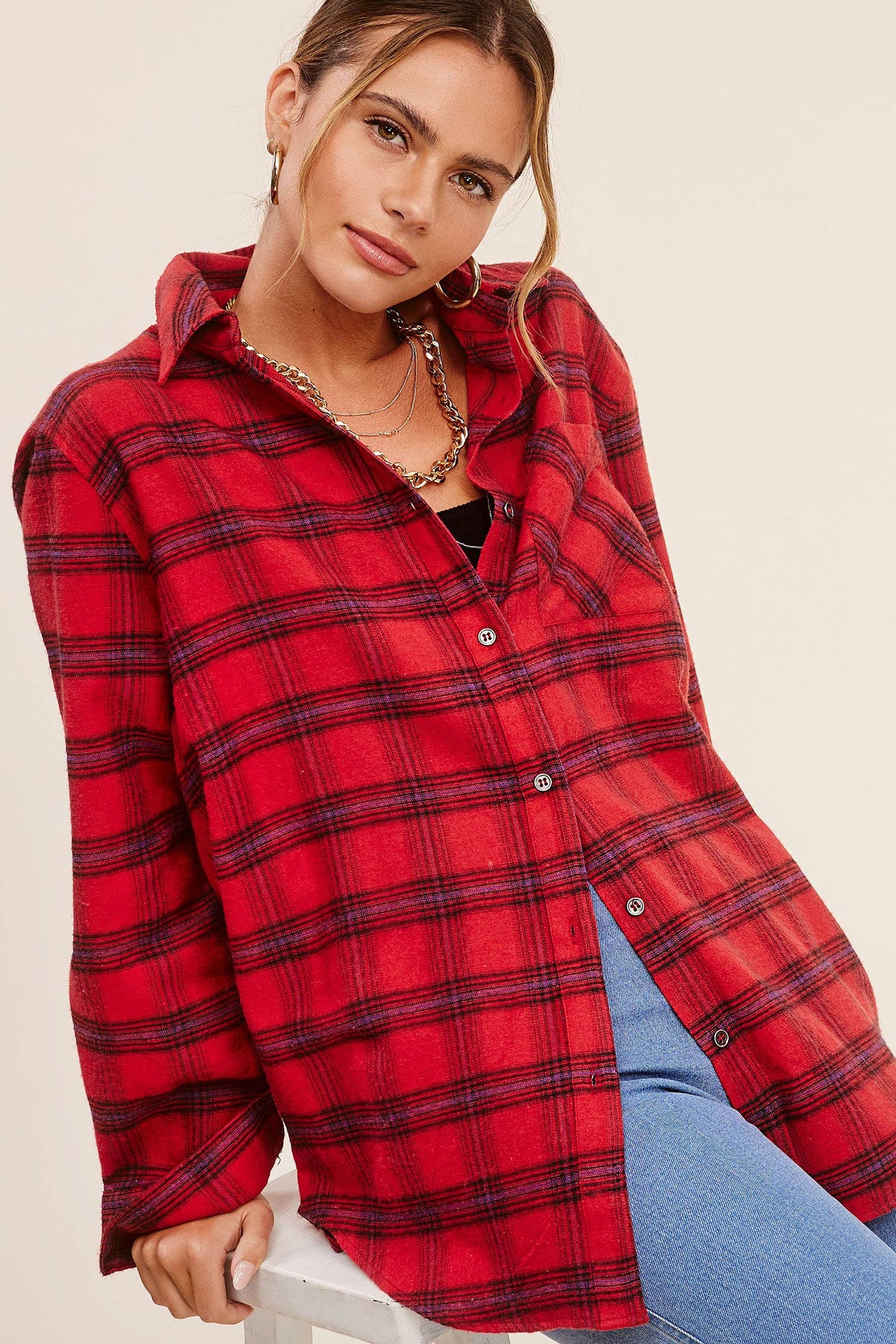 Loose Fit Button Down Soft Fabric Plaid Shirts