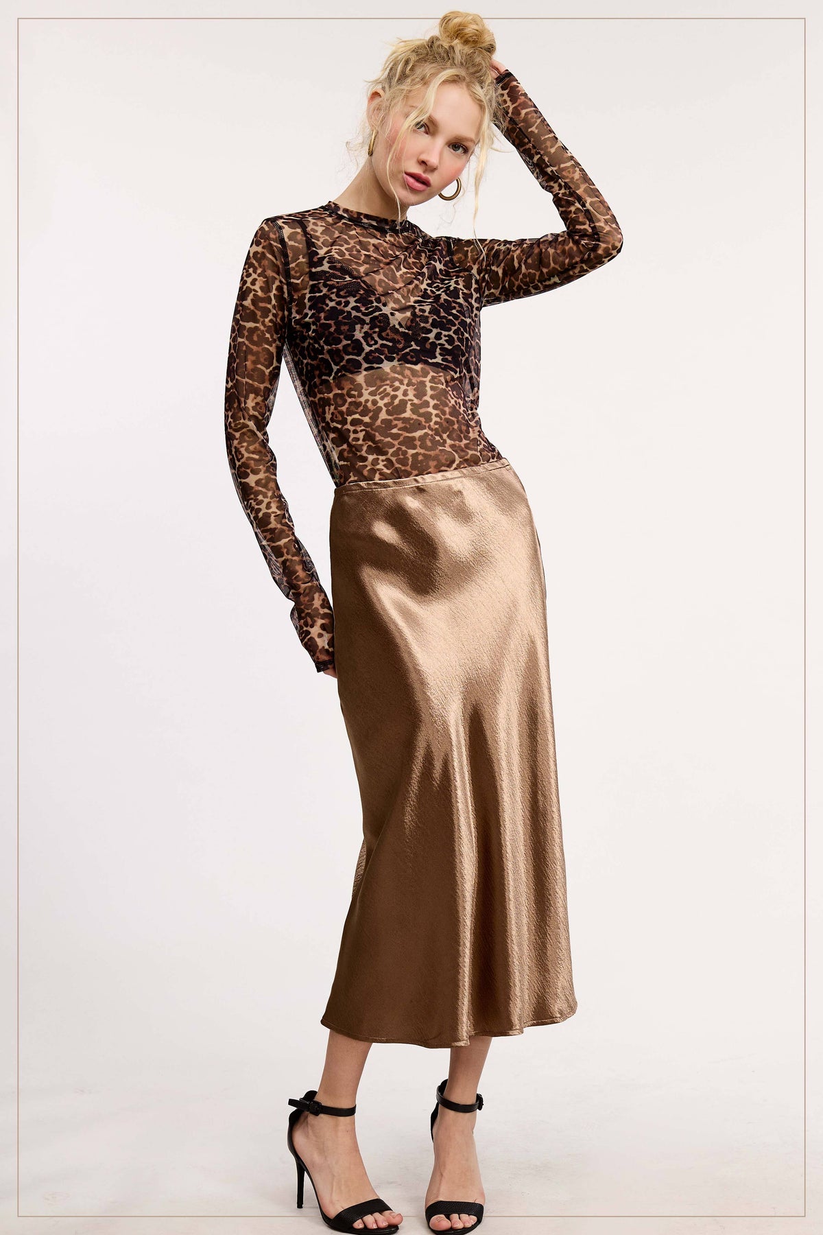 High-Waisted Midi Length Satin Effect Solid Skirt