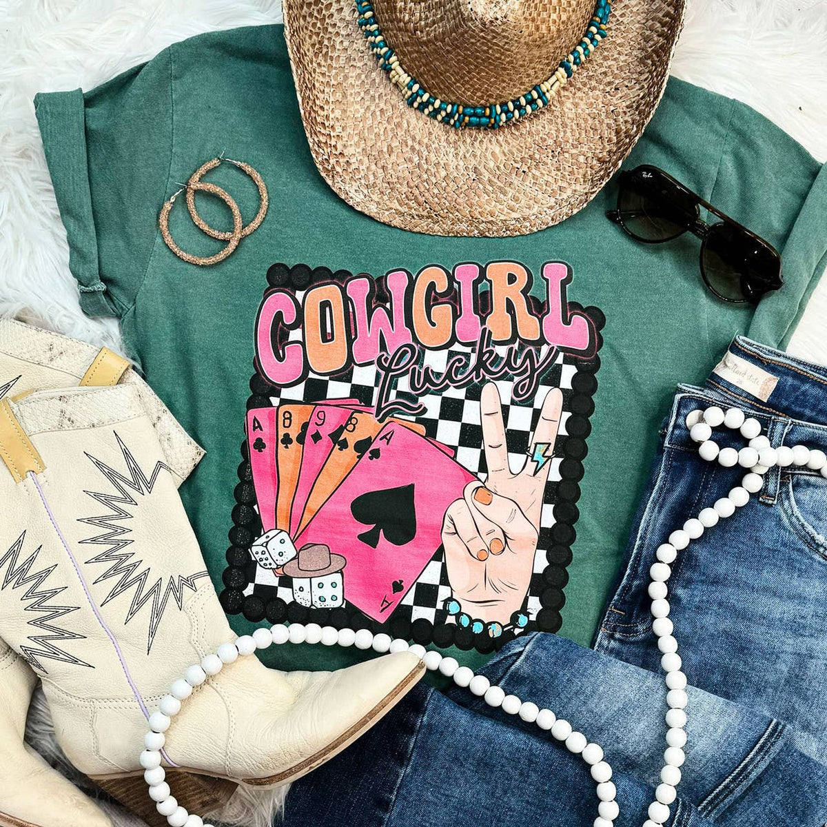 Cowgirl Poker Cards Checker Lucky Tee