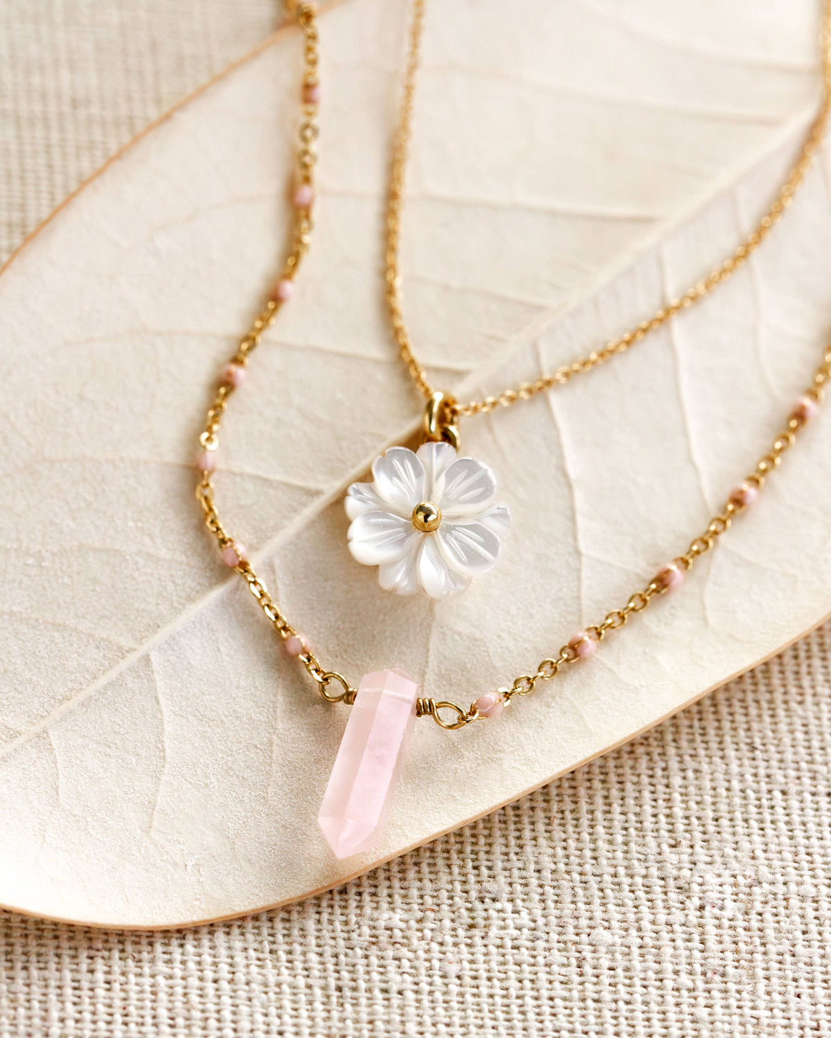 Luna Norte Blooming Crystal Layered Necklace Set- Rose Quartz