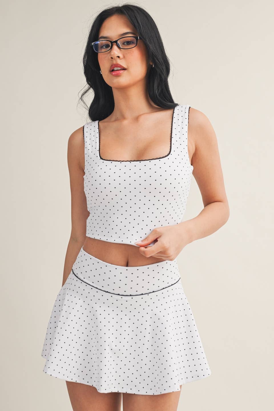Polka Dot Print Crop Tank with Lace Trim by Kimberly C