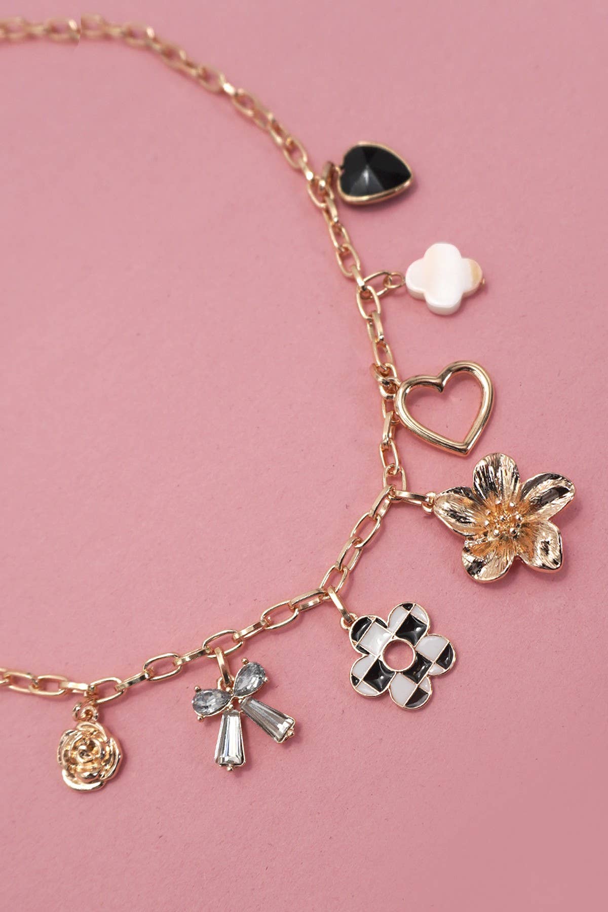 Charm Necklace Bow Checker Heart Rhinestone