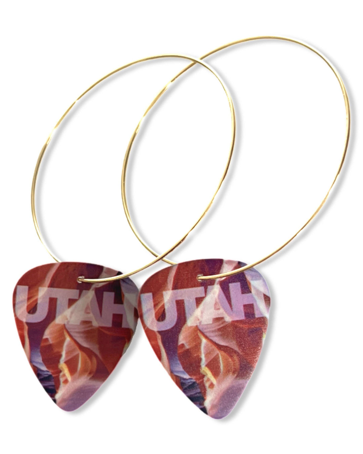 4k Gold Filled, 50mm hoops. Utah Canyon Single Guitar Pick Earrings