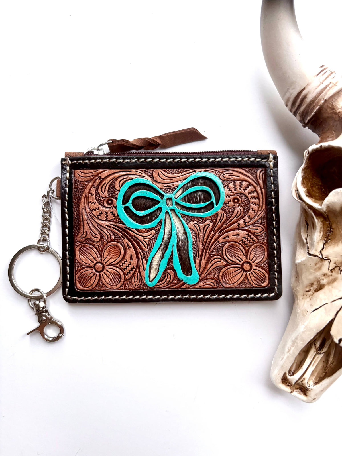 Bow Turquoise Tooled Leather Keychain Wallet
