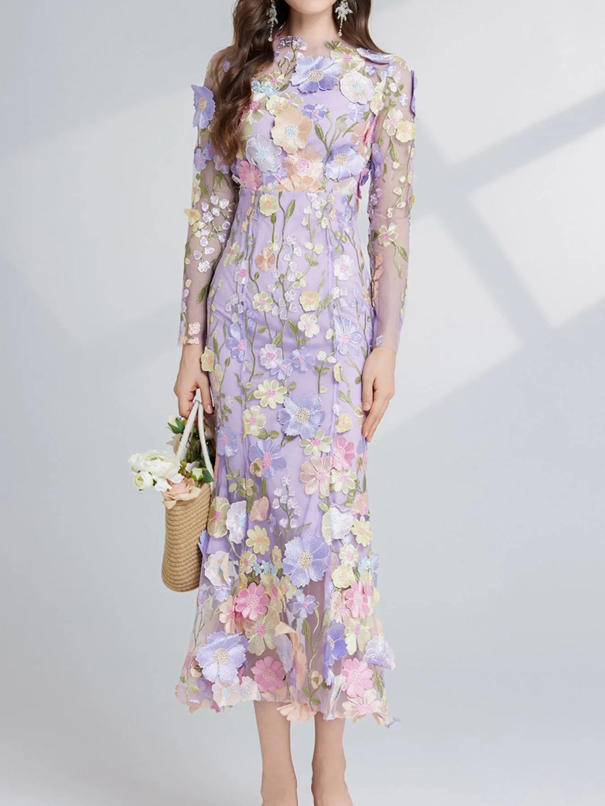 embroidered mesh dress long sleeve Long-Sleeve Floral Mesh Sheath Dress