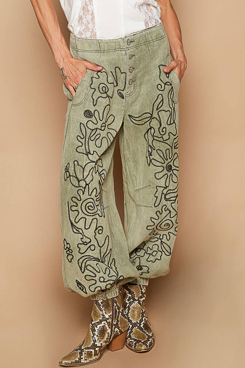 Floral Embroidered Pattern Solid Twill Jogger Pants by POL
