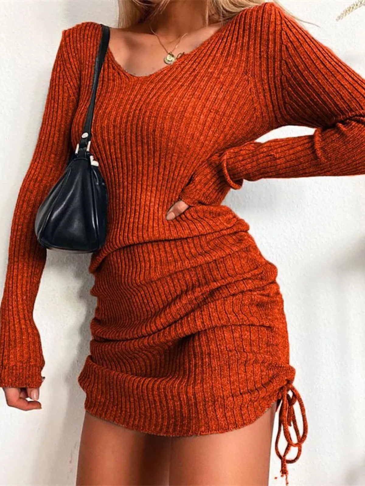 red bodycon sweater dress Refined Attitude Red Ribbed Side Button Midi Sweater Dress