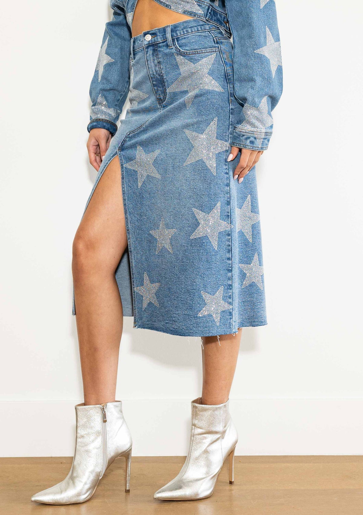 Stars Born Rhinestone Denim Column Skirt Vibrant M.i.u