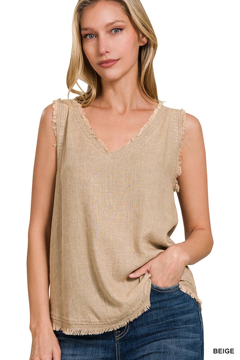 Beige Washed Linen Frayed Edge V-neck Sleeveless Top Zenana