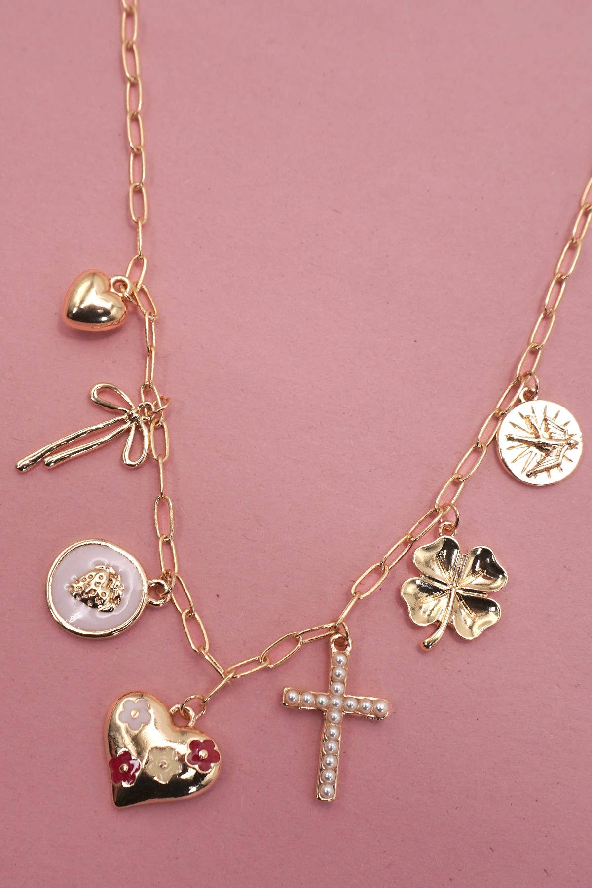 Charm Necklace Cross Clover Heart Bow