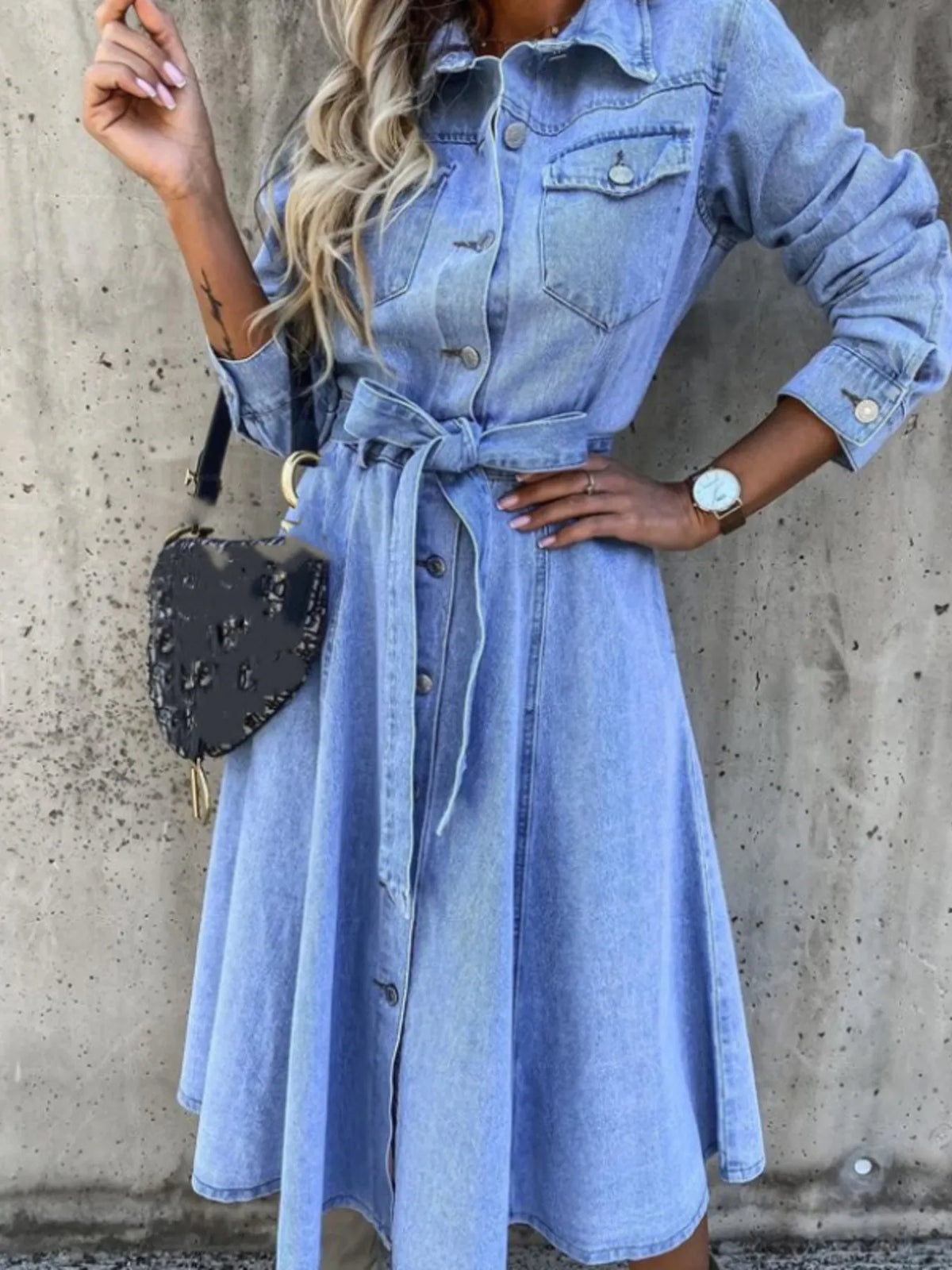 denim shirt dress tie waist Denim Tie Waist Midi Shirtdress - Midnight Wash