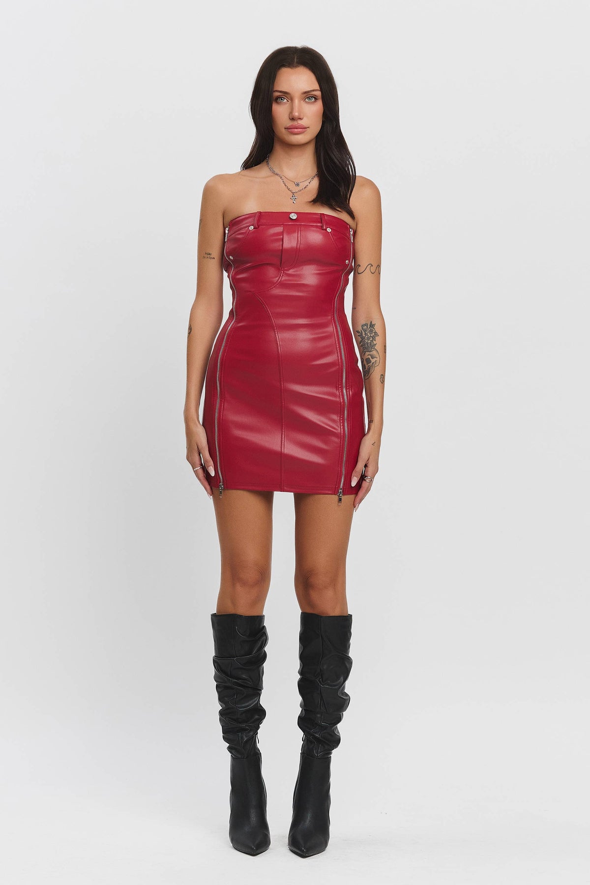 hot pink pleather dress Hot Red Pleather Tube Top Mini Dress with Zipper Details Love Stitches Boutique