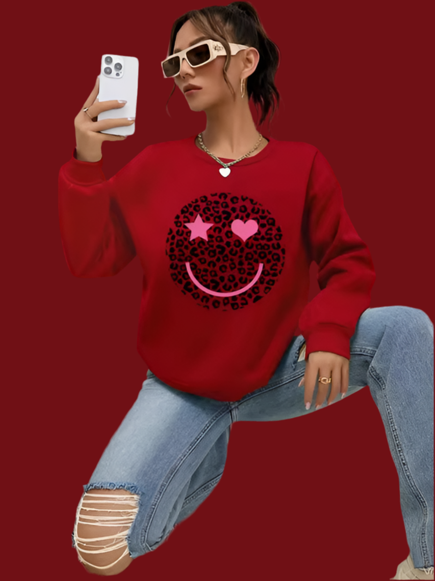 Smiley Leopard Love Sweatshirt Red