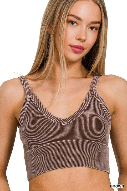 Washed Ribbed Seamless V-Neck Cropped Cami Zenana