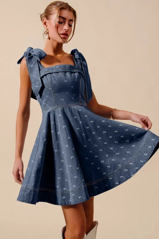 So Me A Line Fit and Flare Diamond Bow Ribbon Denim Dres Denim / L So Me A Line Fit and Flare Diamond Bow Ribbon Denim Dres Denim / L