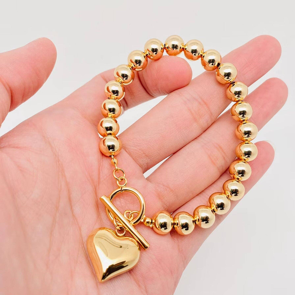 Heart Charm 18K Gold Plated 8MM Beads Chain Bracelet - Mio Queena