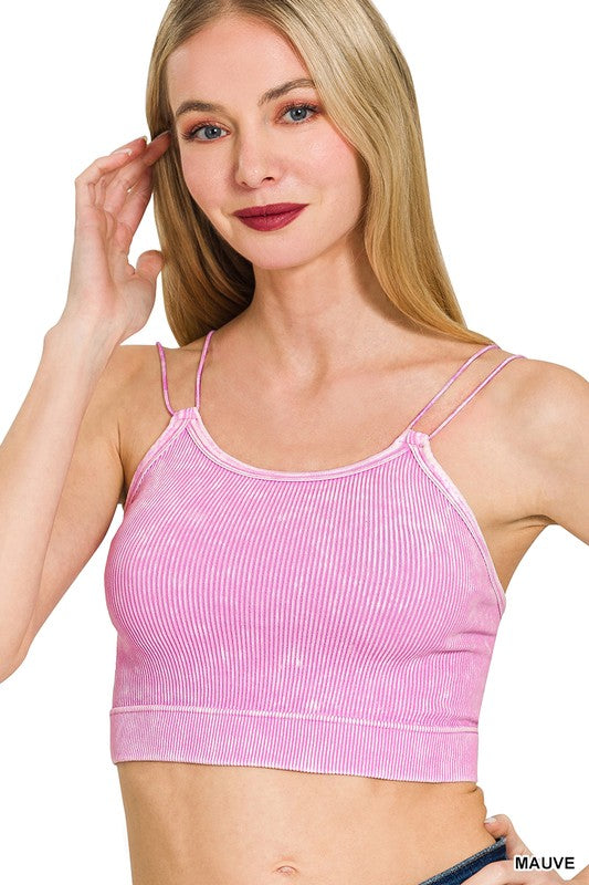 Washed Ribbed Seamless Double Strap Brami Zenana