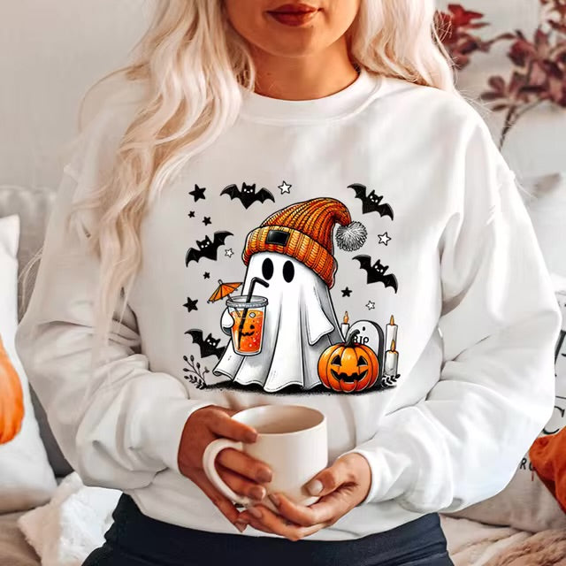 Halloween Ghost Pumpkin Bat Print Round Neck Pullover Sweatshirt