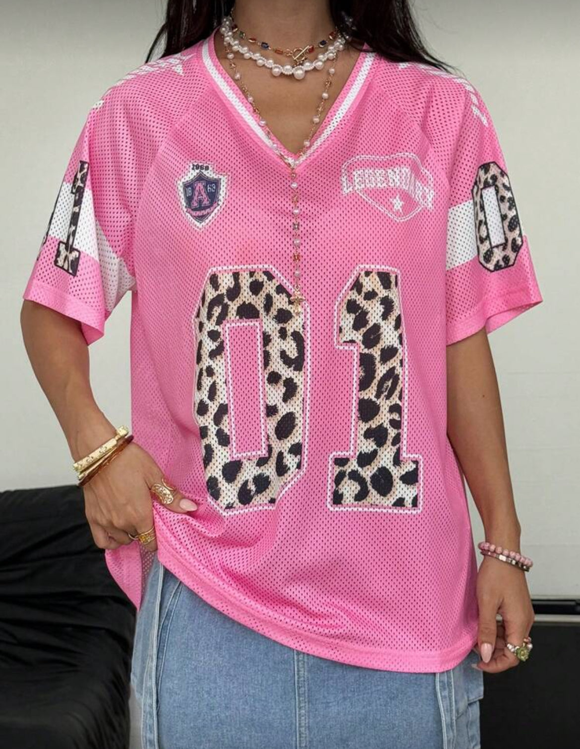 01 Leopard Pink Mesh Trim Top Jersey