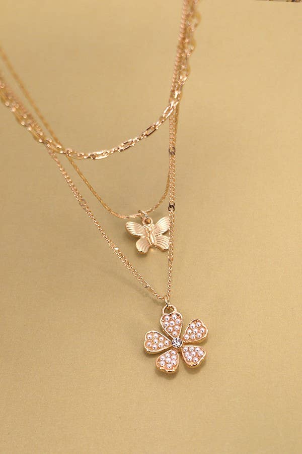 Trio Layered Butterfly Flower Charm Necklace