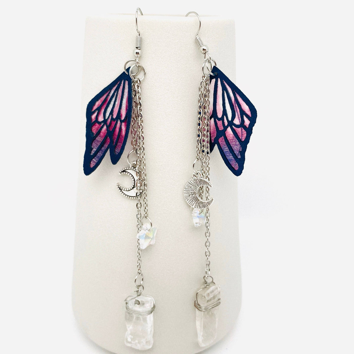 Clear Crystal Pendant Earrings Purple Butterfly Wings by Mio Queena