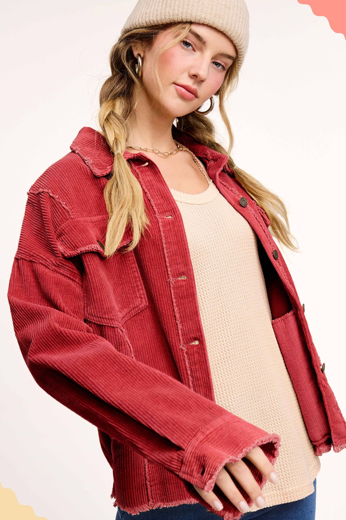 Washed Corduroy Oversized Button Down Jacket (Terracotta)