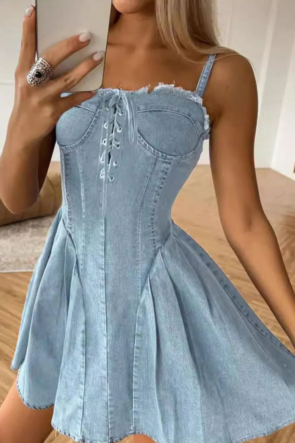 lace up denim dress Lace Up Denim Cami Dress Light Blue / S