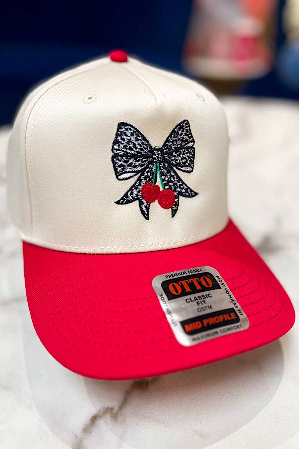Leopard Bow with Cherries Embroidered Hat