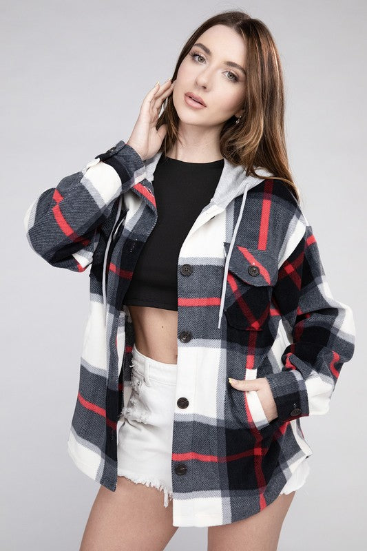 Plaid Drawstring Hooded Fleece Shacket (Black)