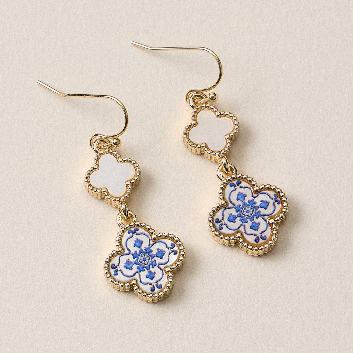 Blue Enamel Clover Drop Earrings