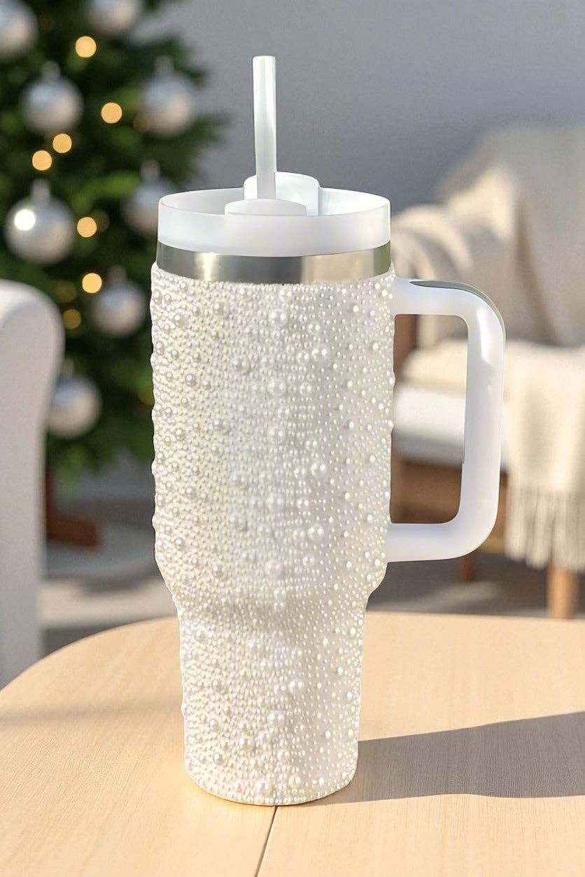 40 oz White Pearl Studded Tumbler