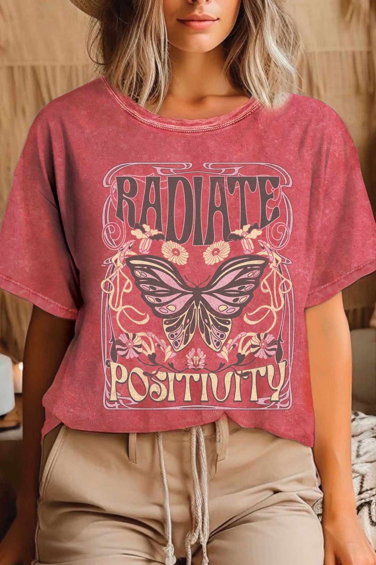 Radiate Positivity Butterfly Mineral Washed T-shirt- Rustee Clothing