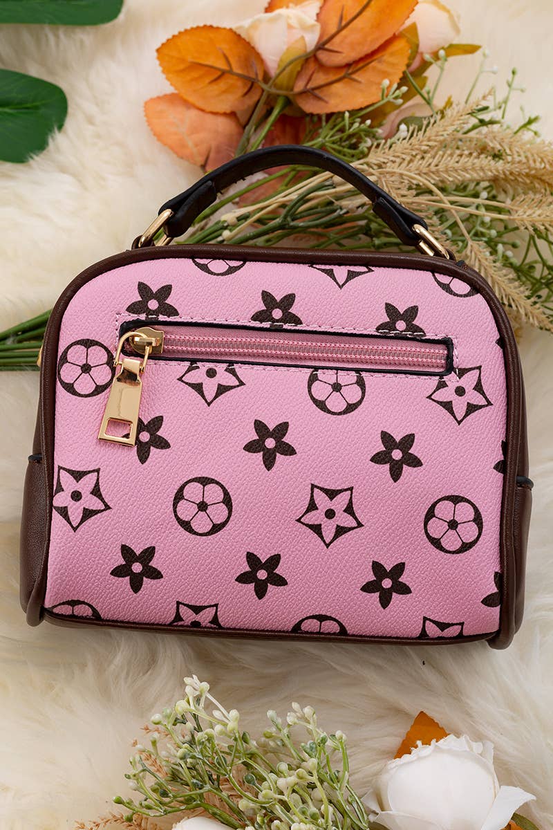 PINK WITH BROWN TRIM CROSSBODY SATCHEL