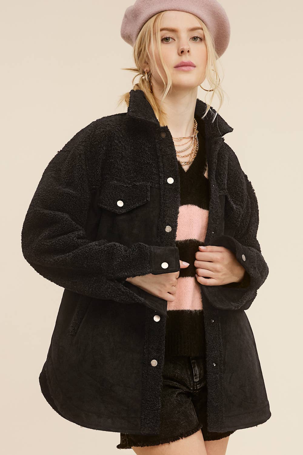 Faux Suede Oversized Button Down Jacket with Pockets