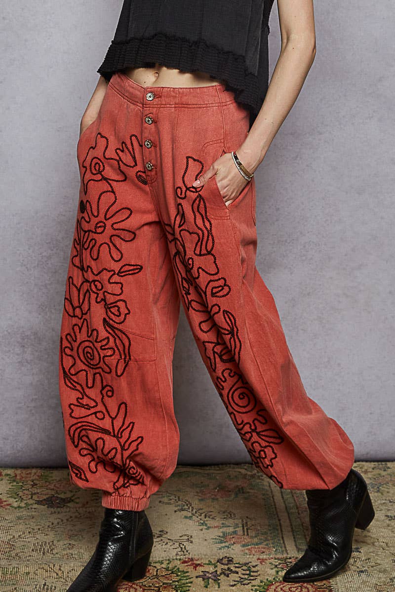 Floral Embroidered Pattern Solid Twill Jogger Pants by POL