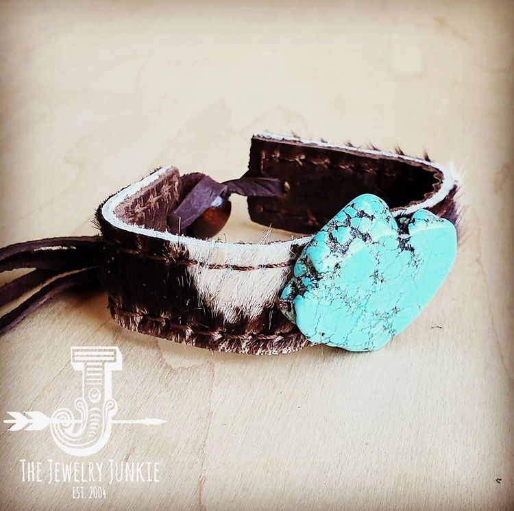 Narrow Leather Cuff with Turquoise Slab-Brindle Hide - My Store