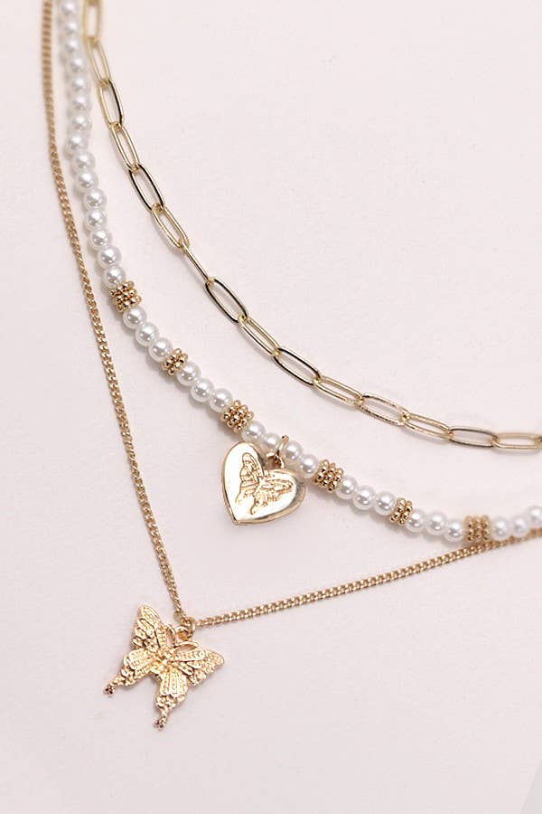 Multi Layer Butterfly Pearl Necklace