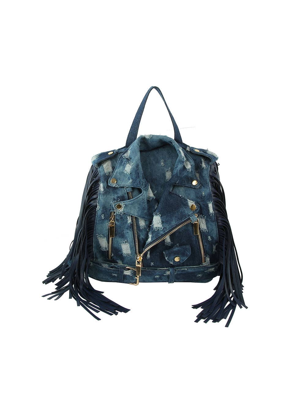 Denim fringe Motorcycle Jacket Backpack- Handbag Factory Corp