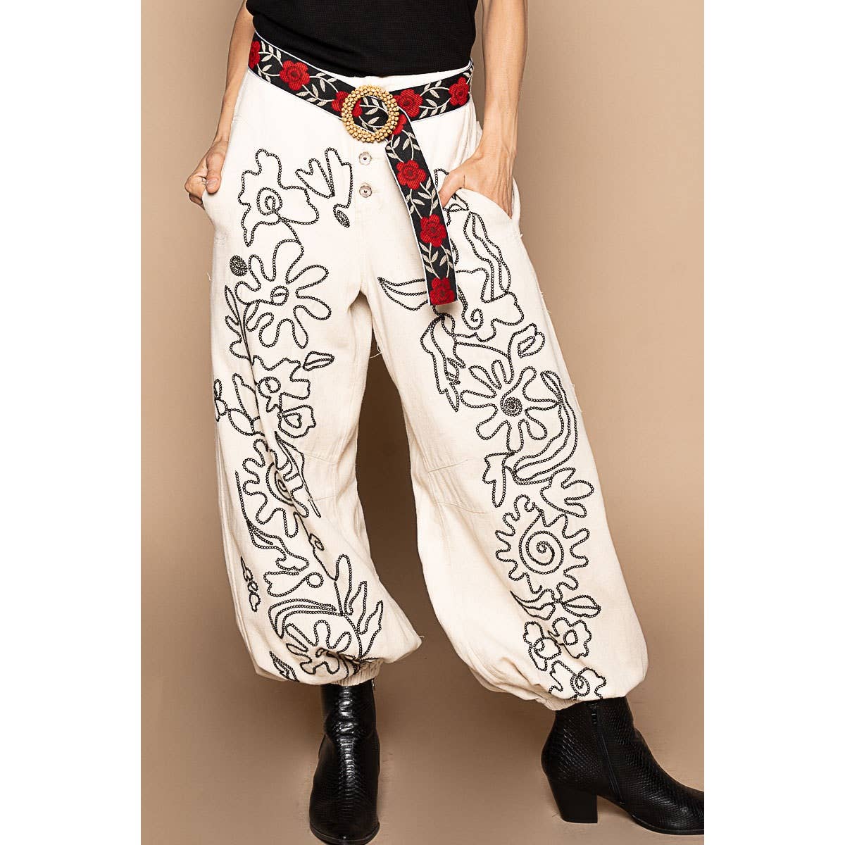 Floral Embroidered Pattern Solid Twill Jogger Pants by POL