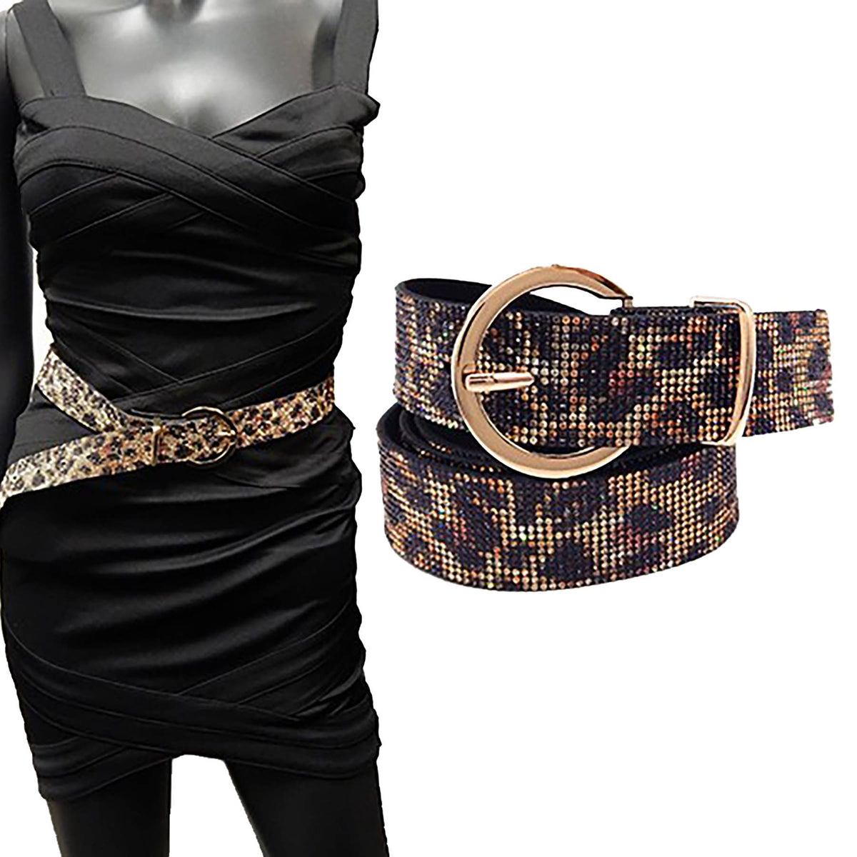 Belt Leopard Rhinestone With Semi Round Buckle- Bella K