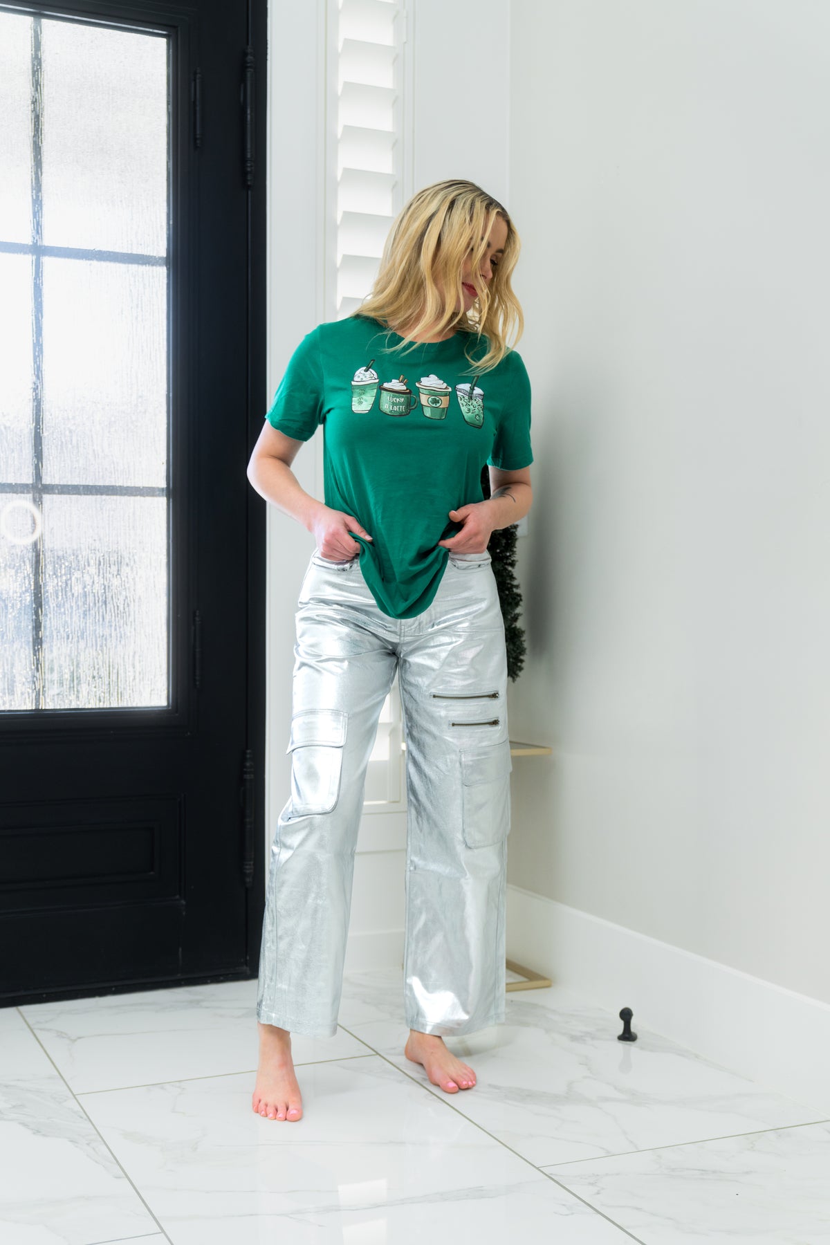 Metallic Wide Leg Cargo Pants- Kiwi