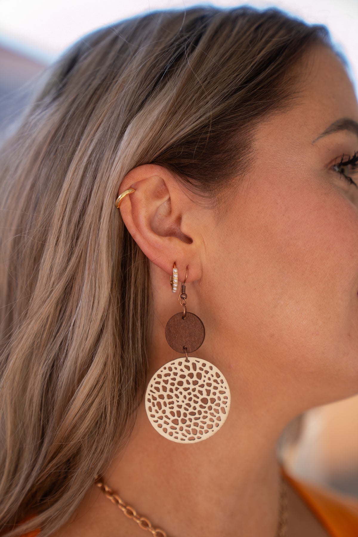 Beige Hollow Out Wooden Round Drop Earrings- Our Home to Yours Candles & Gifts