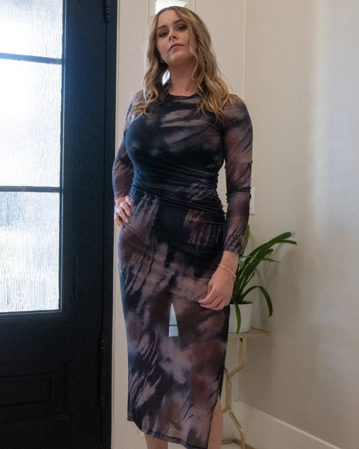 Tie Dye Black Mesh Ruched Split Maxi Dress X-Large / Rose Tie Dye Black Mesh Ruched Split Maxi Dress X-Large / Rose