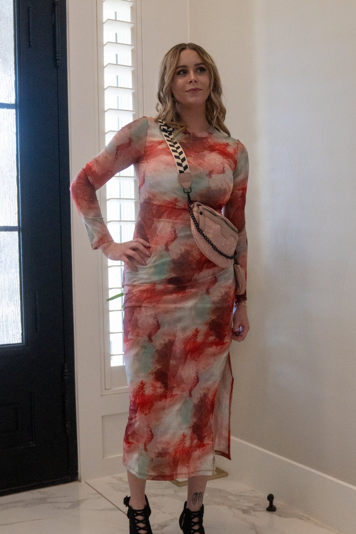 Tie Dye Black Mesh Ruched Split Maxi Dress X-Large / Rose Tie Dye Black Mesh Ruched Split Maxi Dress X-Large / Rose