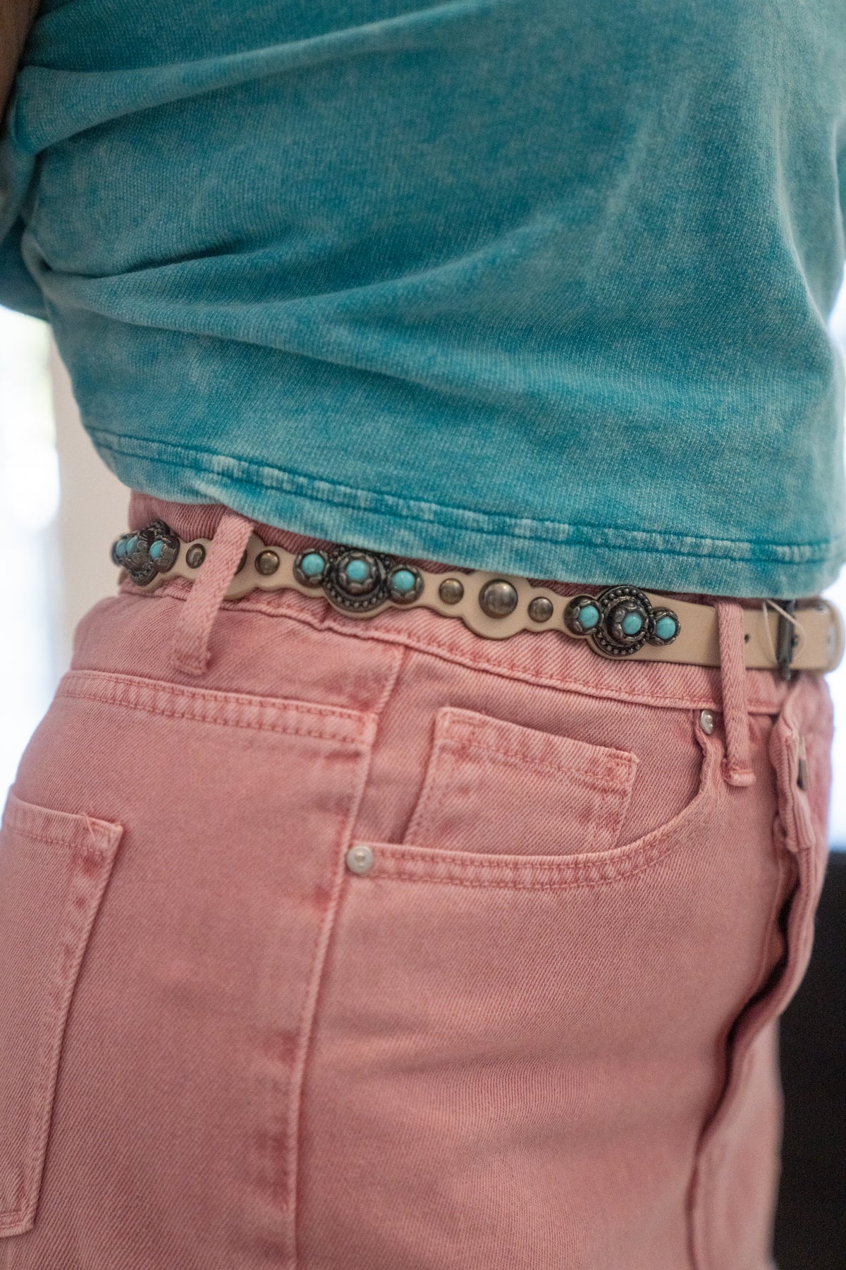 Studded Turquoise Thin Faux Leather Belt Wild Junkie (Off-White)