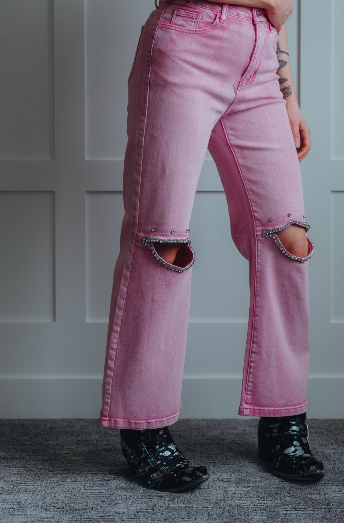 Pink High Waist Rhinestone Cutout Wide Leg Jeans- My Store