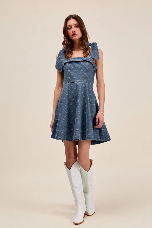 So Me A Line Fit and Flare Diamond Bow Ribbon Denim Dres Denim / L So Me A Line Fit and Flare Diamond Bow Ribbon Denim Dres Denim / L