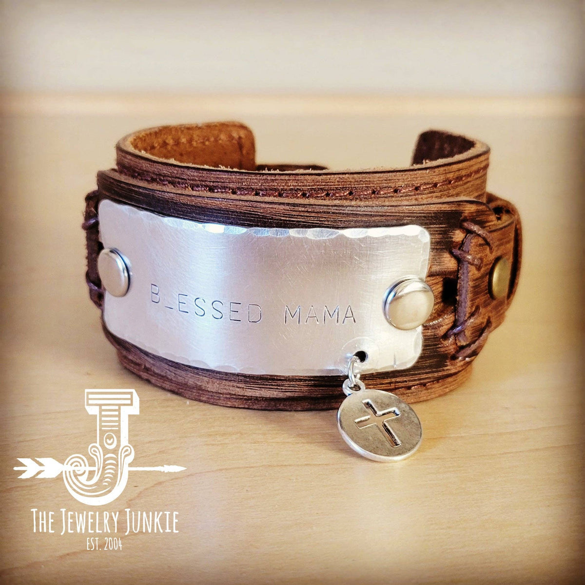 Blessed Mama Stamped Leather Cuff